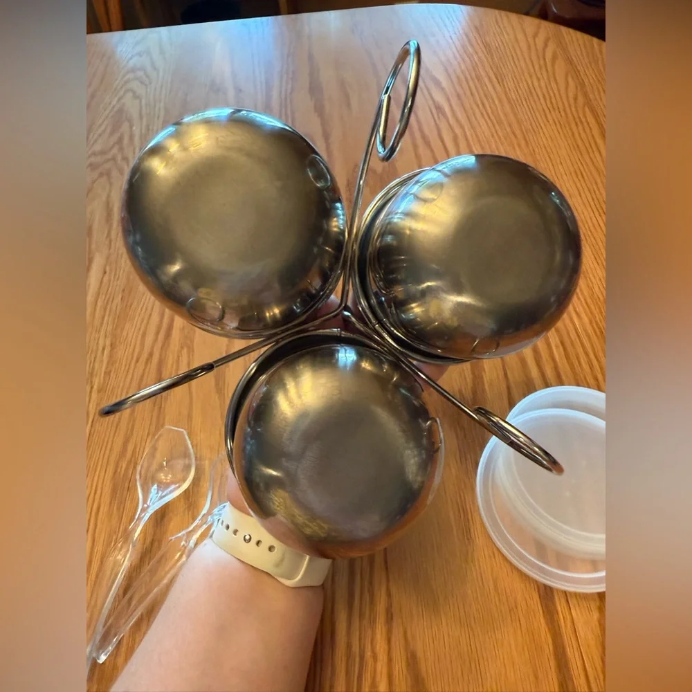 Vintage Stainless Steel Condiment Cups and Holder with Lids and Spoons